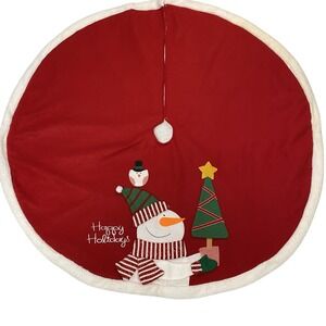 Christmas Tree Skirt Red Snowman 48" Round Holiday Decor Hook & Loop Closure